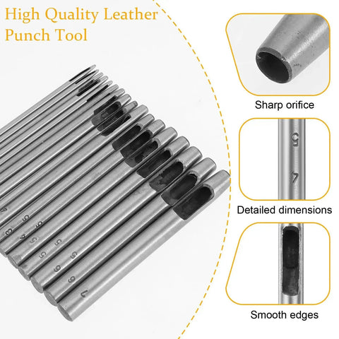 Pro Grade Beefy Leather Hole Punch Set with 0.5 to 7mm hollow punches, showing sharp orifice and smooth edges for belts and watch bands.