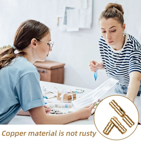 Two women discussing a DIY project with a close-up of Invisible Brass Barrel Hinges 25 Pack, 20x4mm Hidden Concealed Hinges displayed.