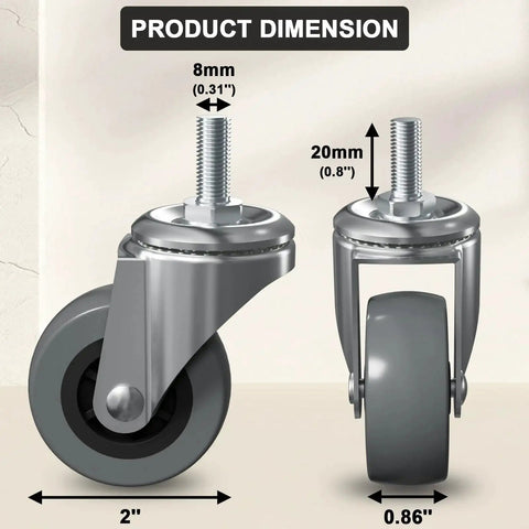 Six Pack 2 Inch Creeper Wheels Heavy Duty 360 Degree Swivel Stem Casters, dimensions shown with M8 x 20mm post, chrome finish