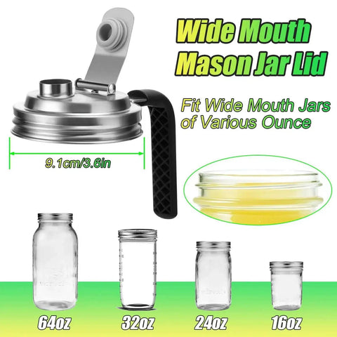 Stainless Steel Pour Spout Lid With Handle For Wide Mouth Jars, Spillproof Flip Cap, 64oz jar compatibility displayed