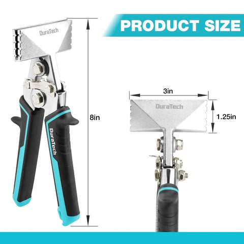 Rugged Pro Grade 3 Inch Sheet Metal Bender With Ergonomic TPR Handle, Straight Jaw Hand Seamer For Bending Seaming And Flattening Metal In Tight Spaces, Works On 30 Gauge Cold Rolled, 18 Gauge Galvanized And 30 Gauge Stainless Steel Duratech, shown in front and side view with measurements.