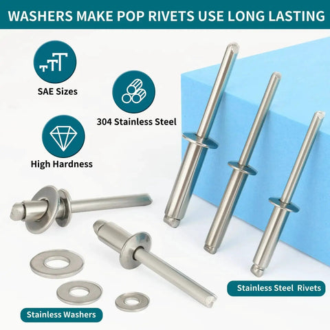 450 Piece 304 Stainless Steel Pop Rivets With Washers Kit In One Eighth Inch Three Sixteenth Inch And One Quarter Inch Assorted Blind Rivets With 8 SAE Sizes For DIY Home Auto Repairs displayed with washers and rivets.