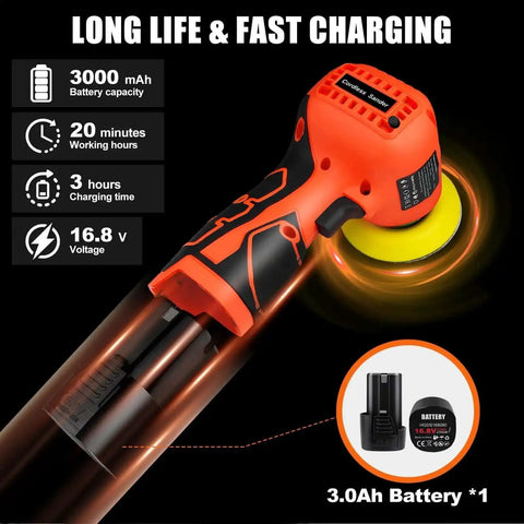 Cordless 3 Inch Palm Sander Kit with 16.8V 3.0Ah Liion Battery, 3500 RPM Mini Polisher, image showing features and battery details