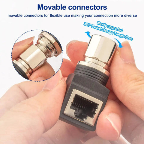 Hands holding RJ45 to M12 X Coded 8 Pin Adapter 360 Degree Rotatable Shielded IP68 Industrial Ethernet Connector