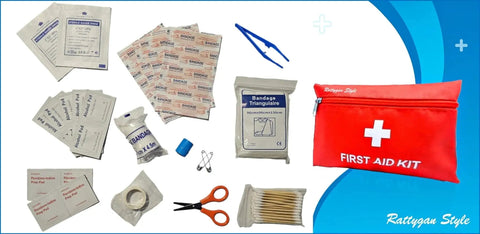 Grab-And-Go Compact Travel First Aid Kit With 95 Piece Emergency Set displayed with bandages, scissors, and tweezers for travel use.