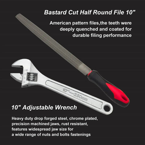 10-inch bastard cut half round file and adjustable wrench on a dark background