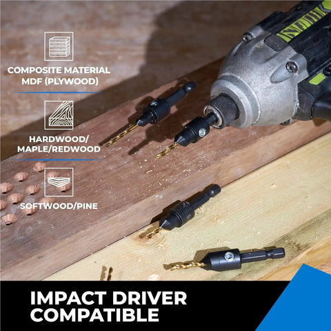 Must-Have Countersink Drill Bit Set for Woodworking, 5-Piece Pro-Grade High-Speed Steel Bits installed in wood, impact driver compatible.