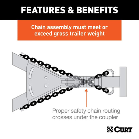 Diagram showing the 48 Inch Trailer Safety Chain With Three Eighths Inch S Hooks in proper use to connect trailer to vehicle.