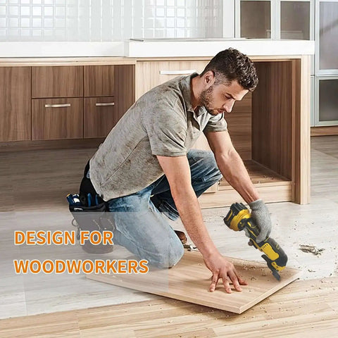 Man using oscillating tool on wood board in a kitchen, highlighting the 50 Piece Titanium Oscillating Tool Blade Kit For Metal Wood Plastic That Cuts Like A Boss With Curved Edge And HCS Blades Includes 5 Titanium Blades 25 Curved Edge Blades 20 HCS Blades Compatible With DeWalt Milwaukee Ryobi Rockwell Fein.