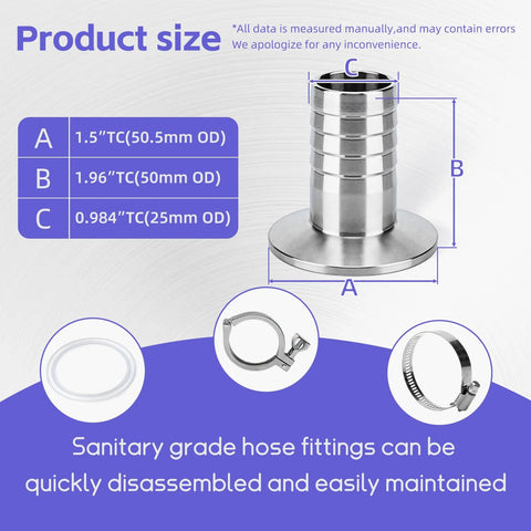 Two-pack stainless steel 1.5 in. TC to 1 in. barb sanitary hose fittings with silicone gaskets and hose clamps