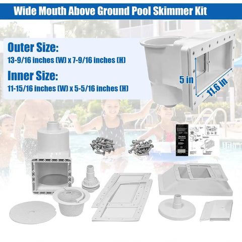 Wide Mouth Through Wall Skimmer Kit for Above Ground Pools with installation parts and size details displayed.