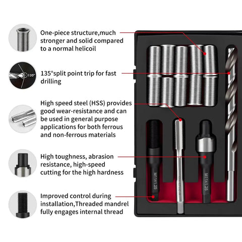 Pro Grade Heavy Duty Thread Repair Kit M11x1.25x28.2mm With Stainless Steel Inserts And HSS Drill Tap Counterbore Installation Driver Metric 10 Pieces For Durable Strong Internal Threads displayed in box