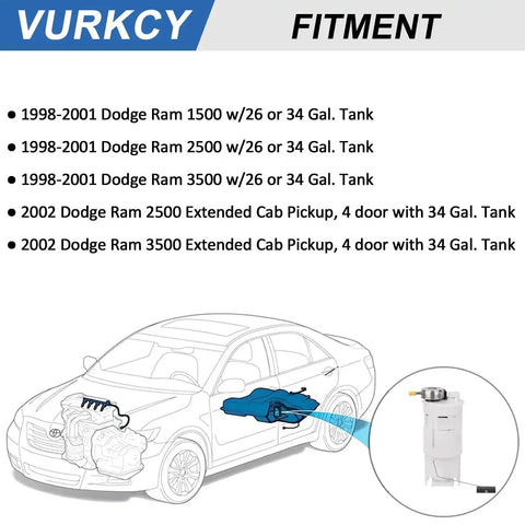 Diagram showing Electric Fuel Pump Module Assembly With Sending Unit For Dodge Ram 1500 1998 2001 2500 2500 3500 26 Or 34 Gallon Tank E7138M