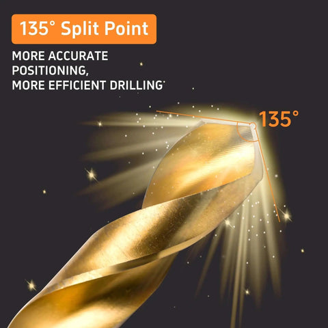135-degree split point tip of Cobalt Left Hand Drill Bit Set 13Pcs High Speed Steel Titanium Nitride Coated for efficient drilling