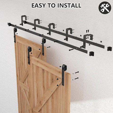 12 Foot Low Ceiling Heavy Duty Beefed Up Sliding Barn Door Hardware Kit With Double Track Bypass for Two Doors installation view