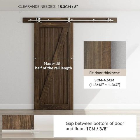 Stainless Steel Sliding Door Hardware Kit For Single Wooden Door Top Mount T Style Track System 6 Ft Length Fits 36 Inch Wide Door Panel Durable Anti Rust Barn Door Hardware For Modern Homes installed on wooden door showing clearance and dimensions.