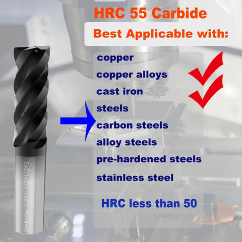 1/32 Inch Carbide Square End Mill with 4 Flute HRC 55 AlTiN Coated for CNC, shown with applicability for alloys and steels