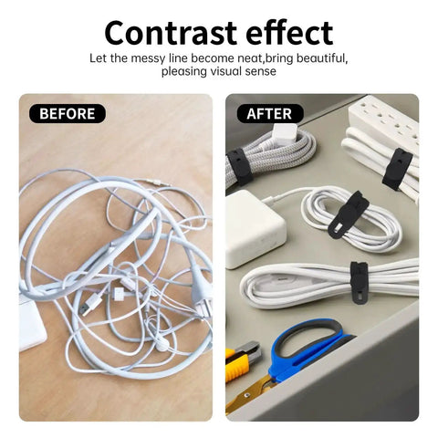 Before and after of 25 Pack Reusable Silicone Cable Ties Ultra Flexible Cord Wraps For Electrical Cords Phone Chargers Earphones USB.