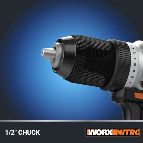 Close-up of the Nitro 20V Cordless Drill Driver With Brushless Motor Ultra Compact And Lightweight Only Six Inches Long And About Three Pounds Power Share Compatible Tool Only Half Inch Chuck Delivers Up To Five Hundred Inch Pounds Of Torque And Zero To Two Thousand One, focusing on the 1/2 inch chuck.