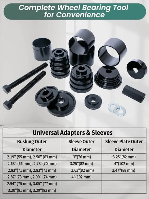 24 Piece Wheel Bearing Press Kit for Front Wheel Drive Vehicles with adapters and 7.5 inch screw displayed on a table.