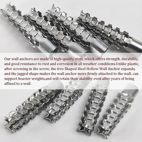 Close-up of heavy-duty steel hollow wall anchors with expansion ribs, 5/16 inch, zinc plated, for drywall and concrete repairs.