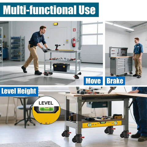 2 Inch Stem Leveling Caster Wheels With Ratchet Handle Height Adjustable Heavy Duty Casters installed on workbench in workshop