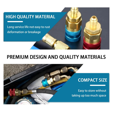 Ziciner R1234YF to R134A quick couplers kit with brass adapters and blue and red collars for car AC charging hoses