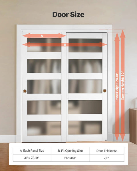 Space Saving Sliding Closet Doors Kit For 60 Inch Opening, 31 Inch Panels, 80 Inch High Frosted Glass 5 Lite Double Doors