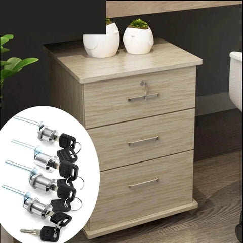 Chrome drawer cabinet lock for office furniture, 30mm diameter, secure with flat key, shown on wood desk beside drawers with insert of locks.