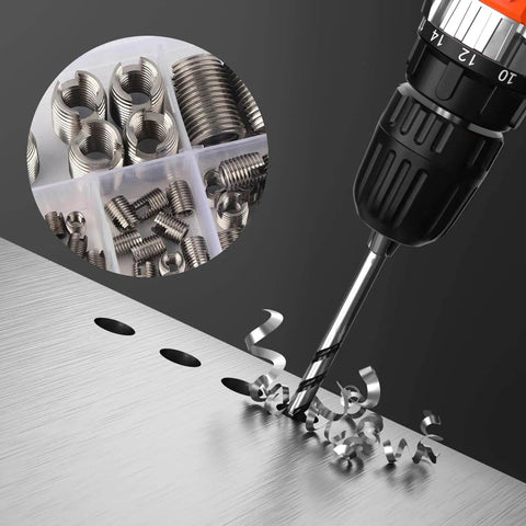 50 Pcs Quick Thread Inserts With Storage Case M3 Self Tapping Thread Inserts Stainless Steel Inner Thread Reinforcement Set For Durable Repairs In Wood Plastic And Metal No Pre Tap Needed Easy To Install, shown with drill in metal surface, storage case with various inserts.