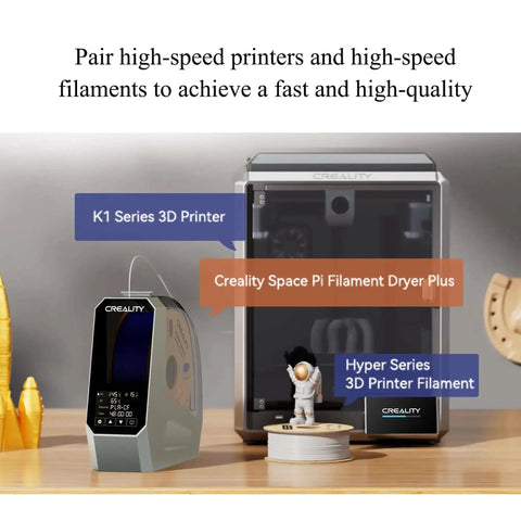 Creality Space Pi Filament Dryer Plus alongside K1 Series 3D Printer and filament spool on desk, 3D printing setup display.