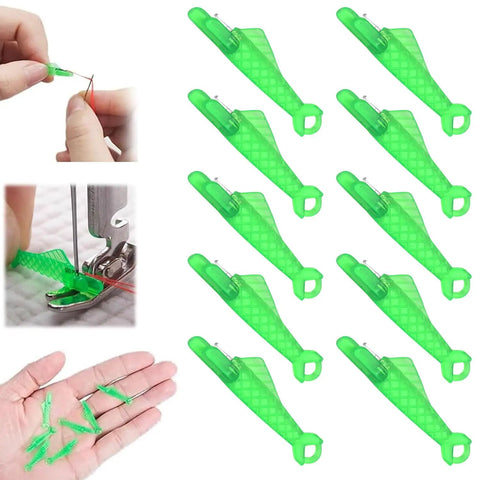 10 Pcs Fish Mouth Sewing Machine Needle Threader Set Upgraded 2024 Automatic Needle Threader Tool Easy Quick Threading For Home Sewing Machines Durable Plastic And Metal Green, showing threaders in hand and installed