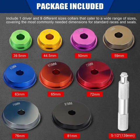 10 Piece Universal Bearing Press Kit With Seal Bushing Drivers And 9 Adapters displayed with measurements in mm and driver tool