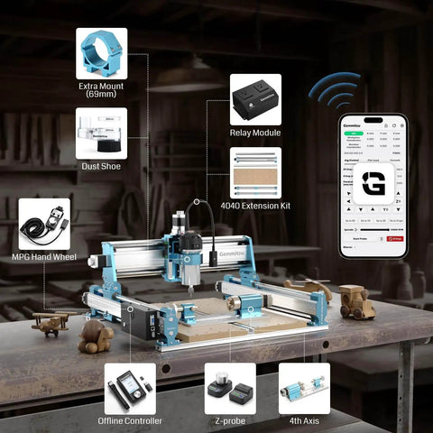Next Gen 4040 Pro Max CNC Router With 710W Spindle And Linear Rail Drive, showing components and features.