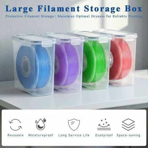 4 Pack Filament Storage Box Set With Desiccant Pouches, showcasing colorful spools in stackable, waterproof and dustproof dry boxes.