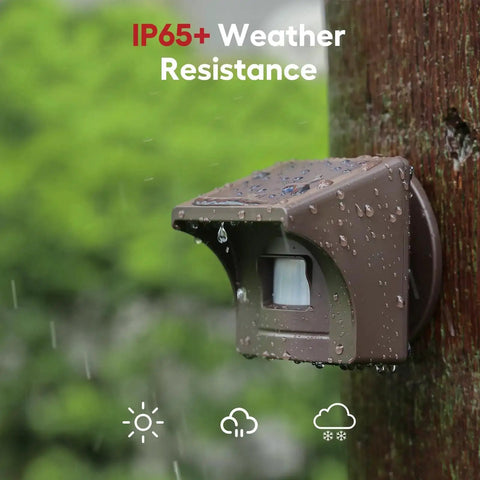 Pro 4 Smart Solar Driveway Alarm with 2.4G WiFi, outdoor sensor, IP65 weather-resistant, shown mounted with rain droplets
