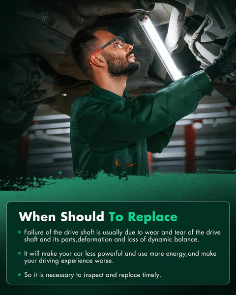 SCITOO driveshaft coupling: mechanic in green coveralls inspecting a lifted car under a bright shop light