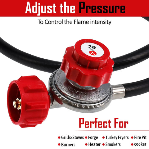 4 Ft High Pressure Propane Regulator Hose With 0 To 20 PSI Adjustable Red Knob And QCC1 Connection for cooking devices by GasOne