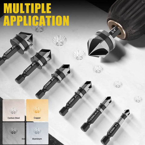 Close-up of Six Countersink Bits for Five Piece Four Spiral Flute Step Drill Bit Set And Six Countersink Bits By Cleverool Nitriding HSS Drill Bits For Metal Aluminum Wood Plastic Durable Sharp Set For Home DIY And Professional Projects.