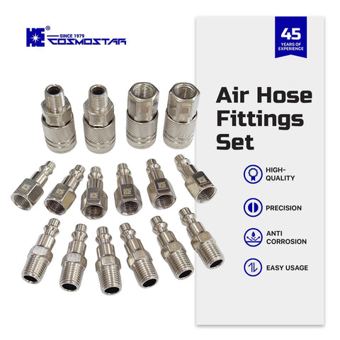 Cosmostar 16-piece chrome air hose fittings set with 1/4 in NPT quick-connects for shop air tools