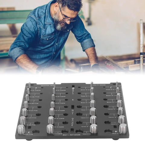Aluminum Alloy Thread Checker Bolt Nut Identifier Board With 28 Holes For Metric And SAE Threads, viewed from above with bolts.