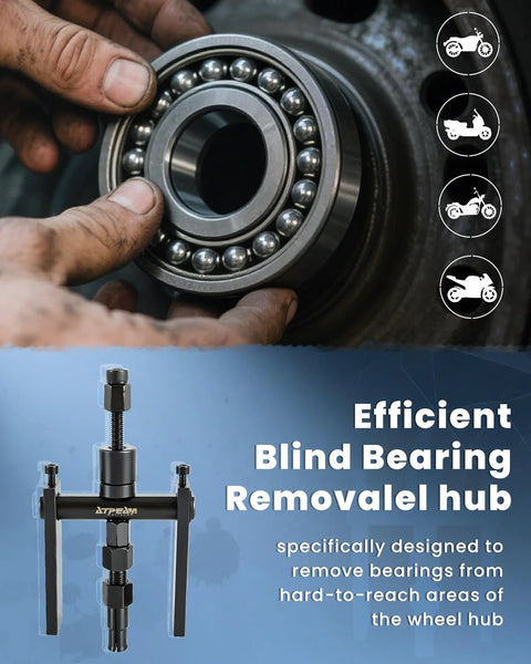 Close-up of 10 Piece Blind Hole Bearing Puller Set for motorcycles, showing tool in use for efficient safe removal from wheel hub.