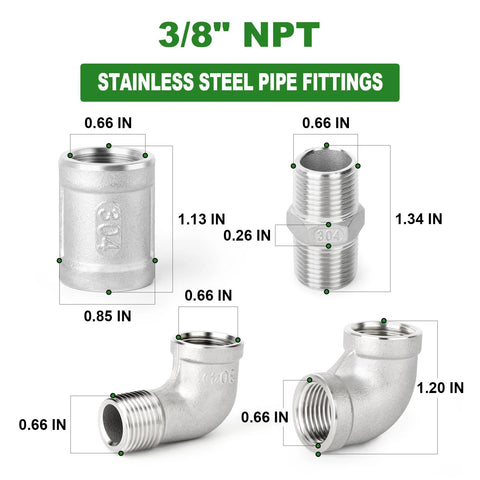 TAISHER 8-piece 304 stainless steel pipe fittings kit: 90-degree elbows, hex bushings, 3/8 NPT couplings