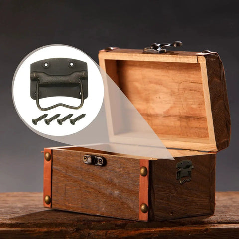 2-Pack 64 x 61mm Bronze Side Ring Chest Pull Handles for wooden boxes and tool cases displayed on open wooden box