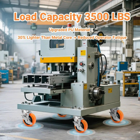 Industrial machine on heavy duty industrial casters with upgraded thickened bracket, 5-inch plate swivel caster set of 4, polyurethane wheels.
