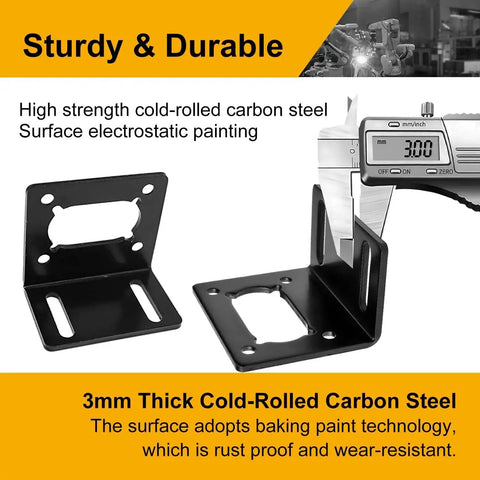Durable 370 Mounting Bracket For DC Worm Gear Motors Single Sided Holder With M4 Screws, showing thickness measurement and materials.