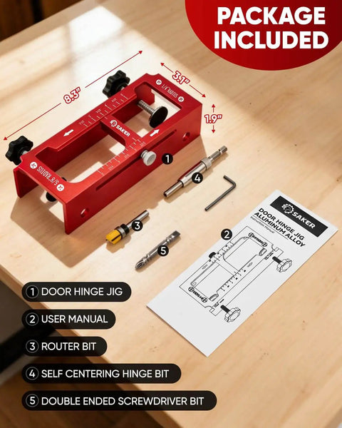 Adjustable Door Hinge Jig For Aluminum Alloy Doors Router Template Fits Hinges From Two And A Half To Five Inches In Length And Thickness Radius One Quarter Inch Or Five Eighths Inch Durable Jamb Hinge Jig For Precise Installations Easy Setup And, shown with included user manual and accessories