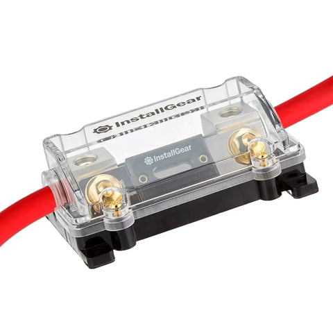 0, 2, 4 Gauge AWG Inline ANL Fuse Holder With 250 Amp Fuse For Automotive Use, transparent cover, installed view