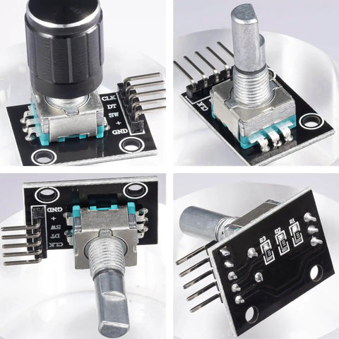 KY-040 360 Degree Rotary Encoder Module With Knob Cap Pack Of Four For Arduino showing front and back, 5V, 20 pulses per revolution