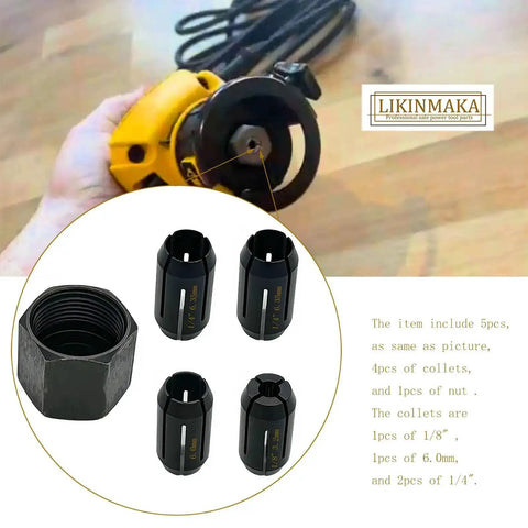 Cut Out Tool Collet Chuck Set, Five Pack With Four Collets And Nut, Fits DW660 Palm Router, includes 1/8 in, 6.0 mm, 1/4 in collets